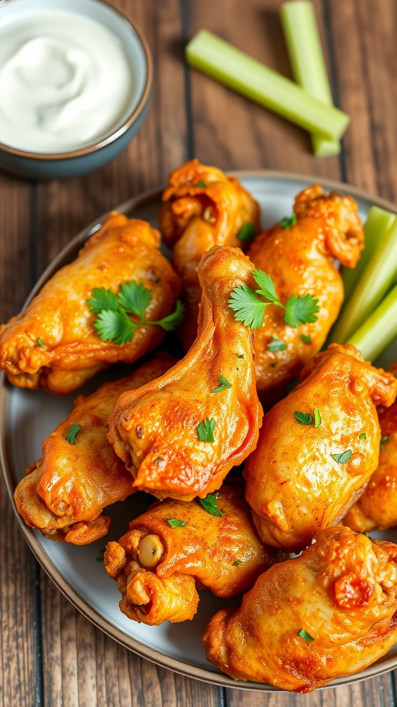 Crispy chicken wings on a plate with parsley and celery, served with ranch sauce.